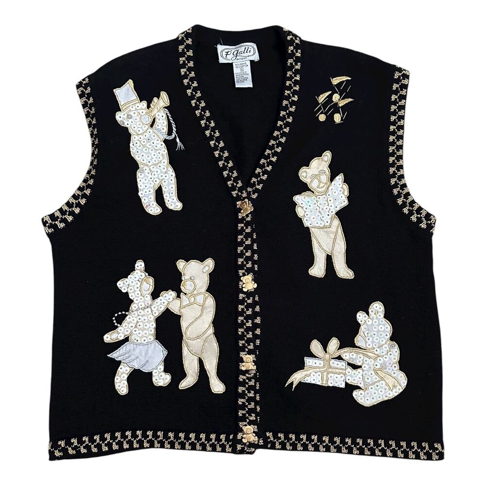 Vintage P’Galli Sequin Teddy Bear Christmas Vest XL Black Gold Holiday Sweater